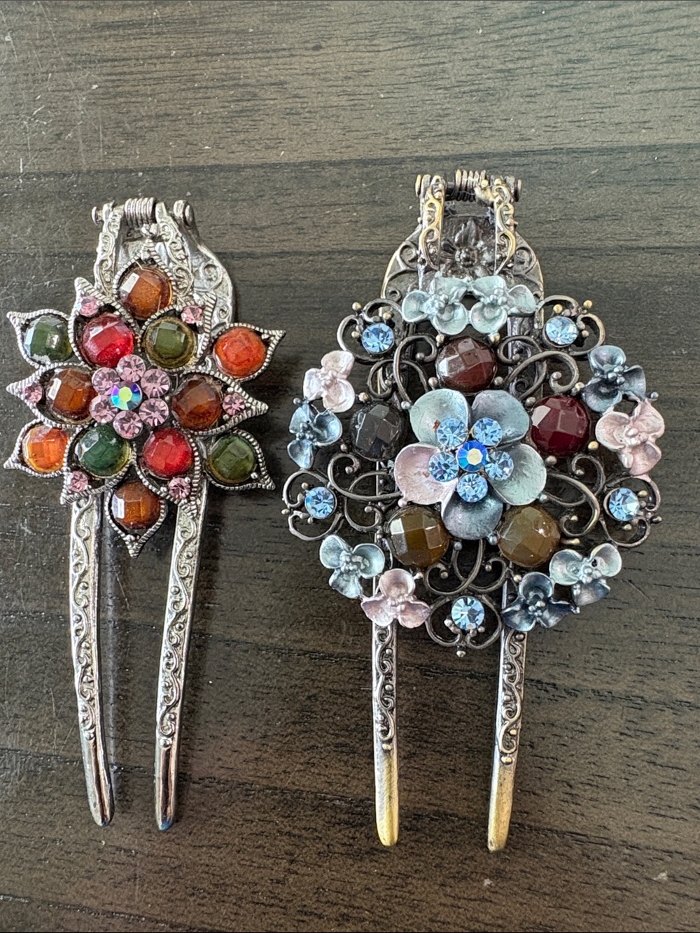 Vintage-Inspired Floral Jeweled Hair Forks - Multicolor
